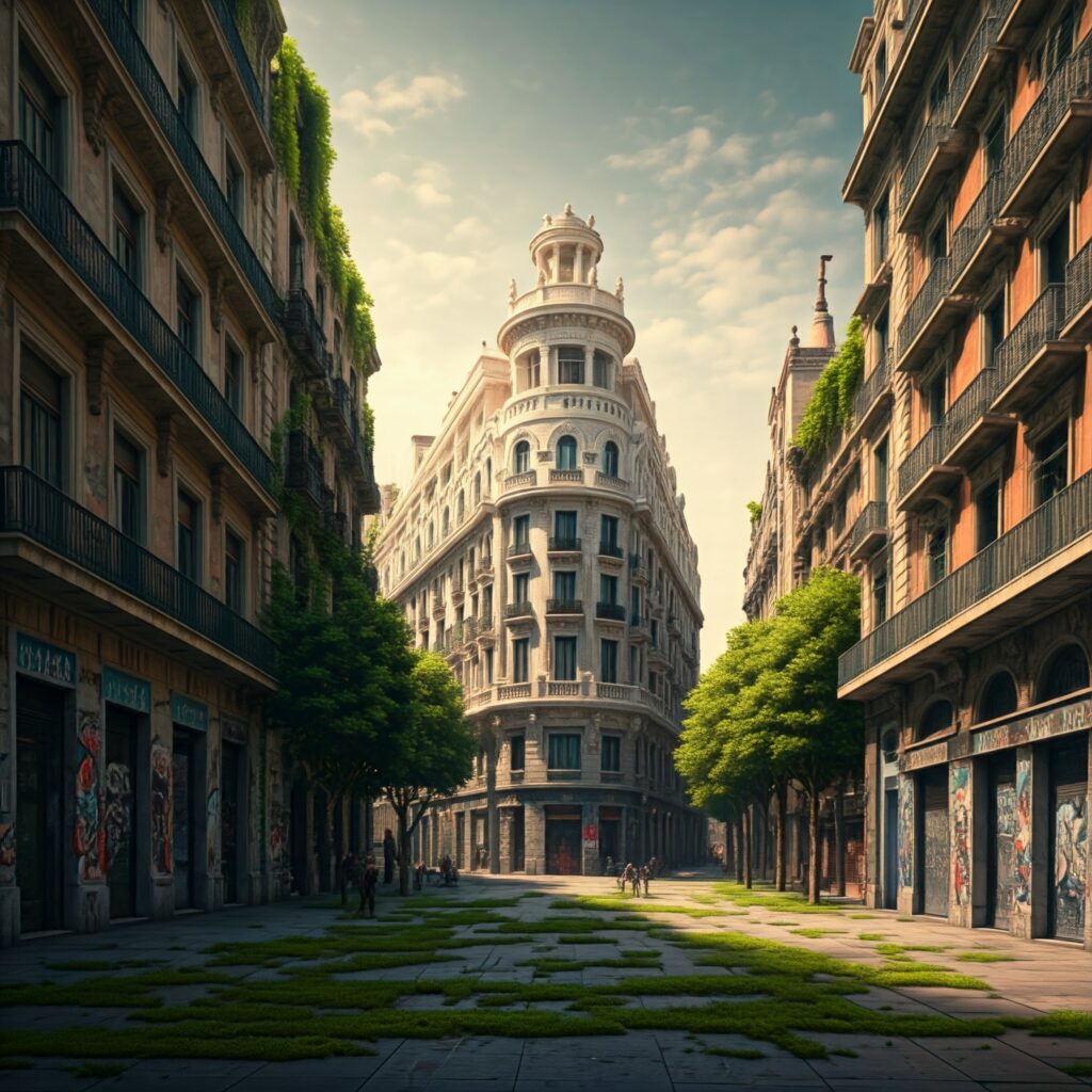 imagen de la Gran Via de Madrid y La Rambla de Barcelona mezcladas, con un toque de abandono y recubierto de vegetación 