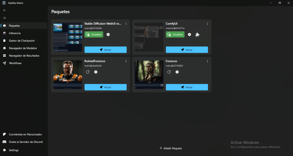 Interface Stability Matrix con 4 aplicaciones de IA instaladas