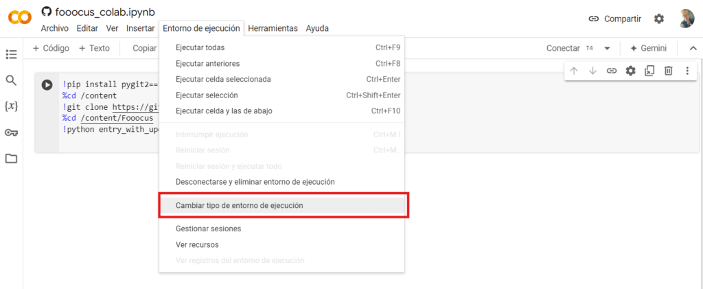 Pantalla de inicio de Google Colab en la que se remarca  el texto "Cambiar tipo de entorno de ejecución"