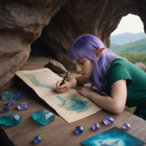 mundo mágico en el que un elfo esta dibujando una historia dentro de una cueva