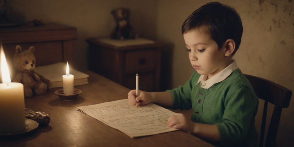 niño de 10 años escribiendo una historia sobre un os papeles a la luz de las velas