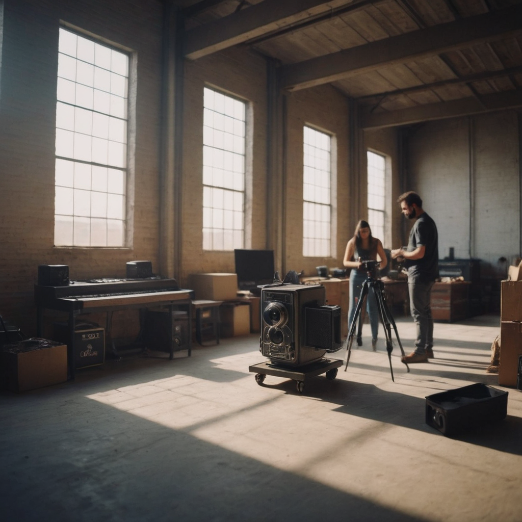 almacén con personas preparando material audiovisual