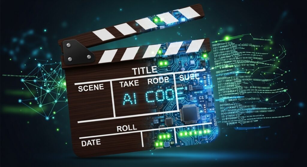  Ilustración que combine una claqueta de cine y elementos de código/IA